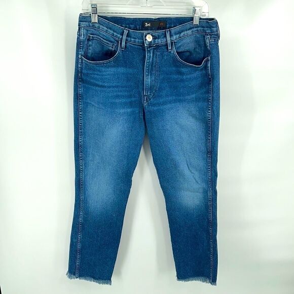 3x1 NYC shredded crop high rise waist straight leg denim jeans EUC 30 fringe - Picture 11 of 12